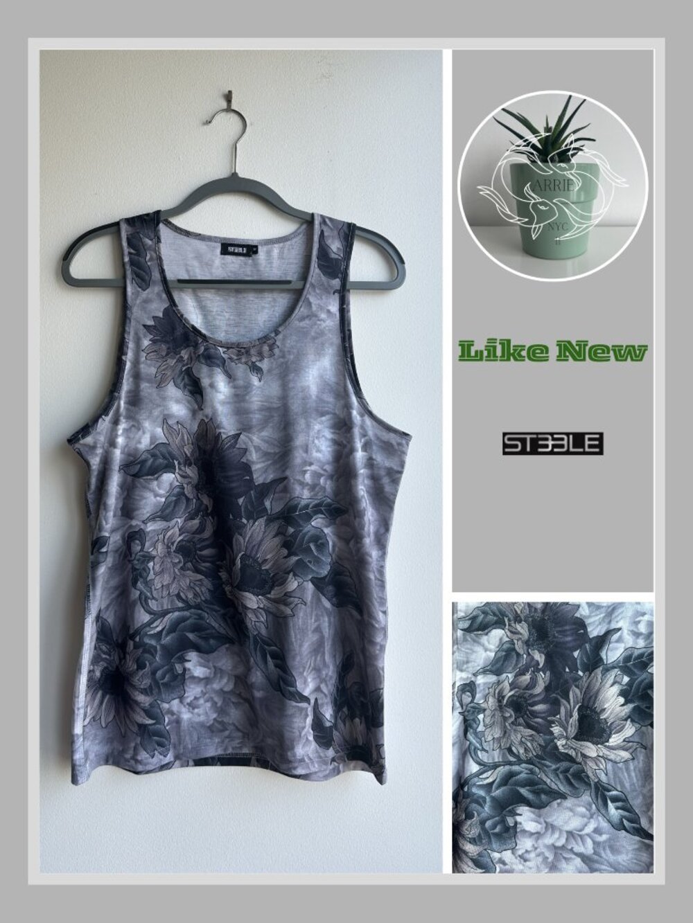 ST33LE - Men's Flower Motive Tank Top - Grey (M)